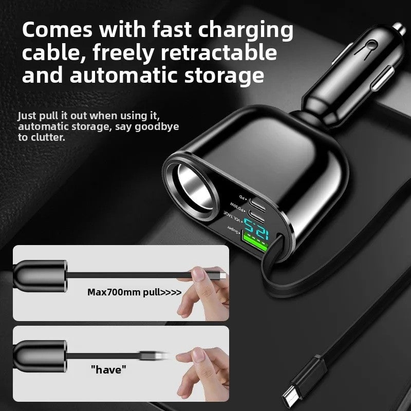 Y&D Super Fast Charging 5-in-1 Retractable Car Charger: Digital Display, Cigarette Lighter Adapter, Automobile Chargers, Fast Charging Cable - Image 3